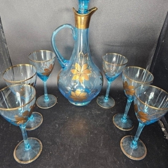 Vintage Romanian Cristo‎ handblown aqua blue Glass, handpainted with 24 k gold. - Picture 3 of 10